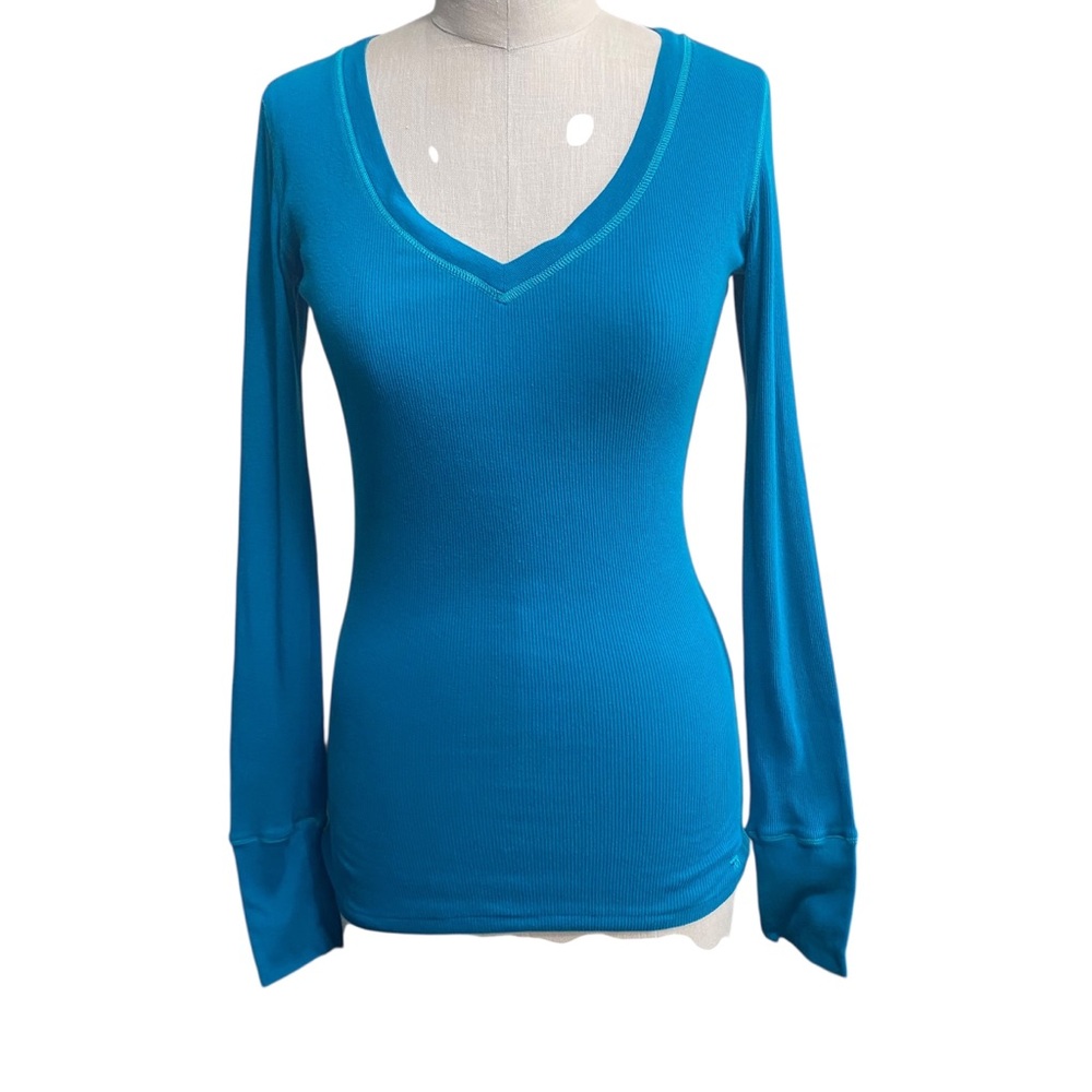 Vintage Abercrombie & Fitch Teal Blue Ribbed V-neck Long Sleeve Top From 2000s